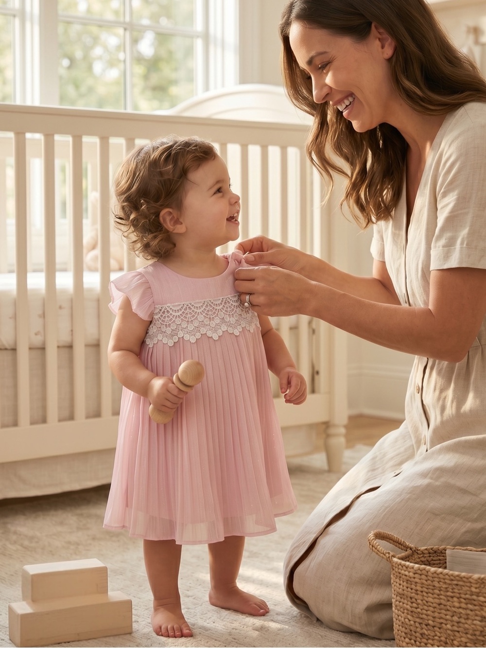 Baby B’Gosh Delicate Pink Lace-Trim Pleated Toddler Dress